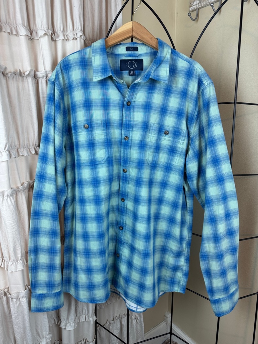 Even Tide Men's Blue Plaid Long Sleeve Casual Button Down Shirt Size XL